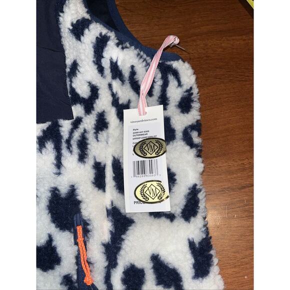 Vineyard Vines Womens Large Deep Bay Blue & Crème Leopard Sherpa Supershep Vest - Picture 4 of 7
